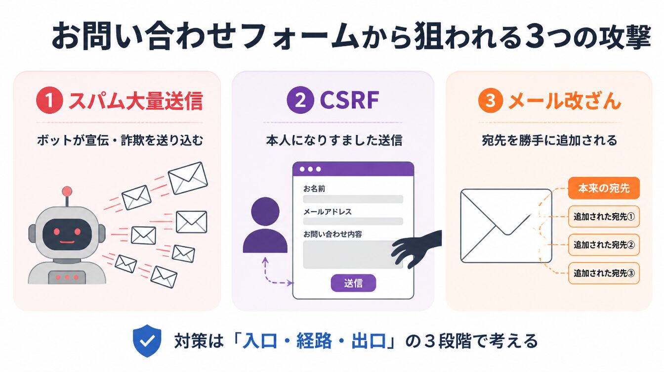 スパム大量送信・CSRF・メールヘッダー改ざんの3つの攻撃パターンを示したカード型インフォグラフィック
