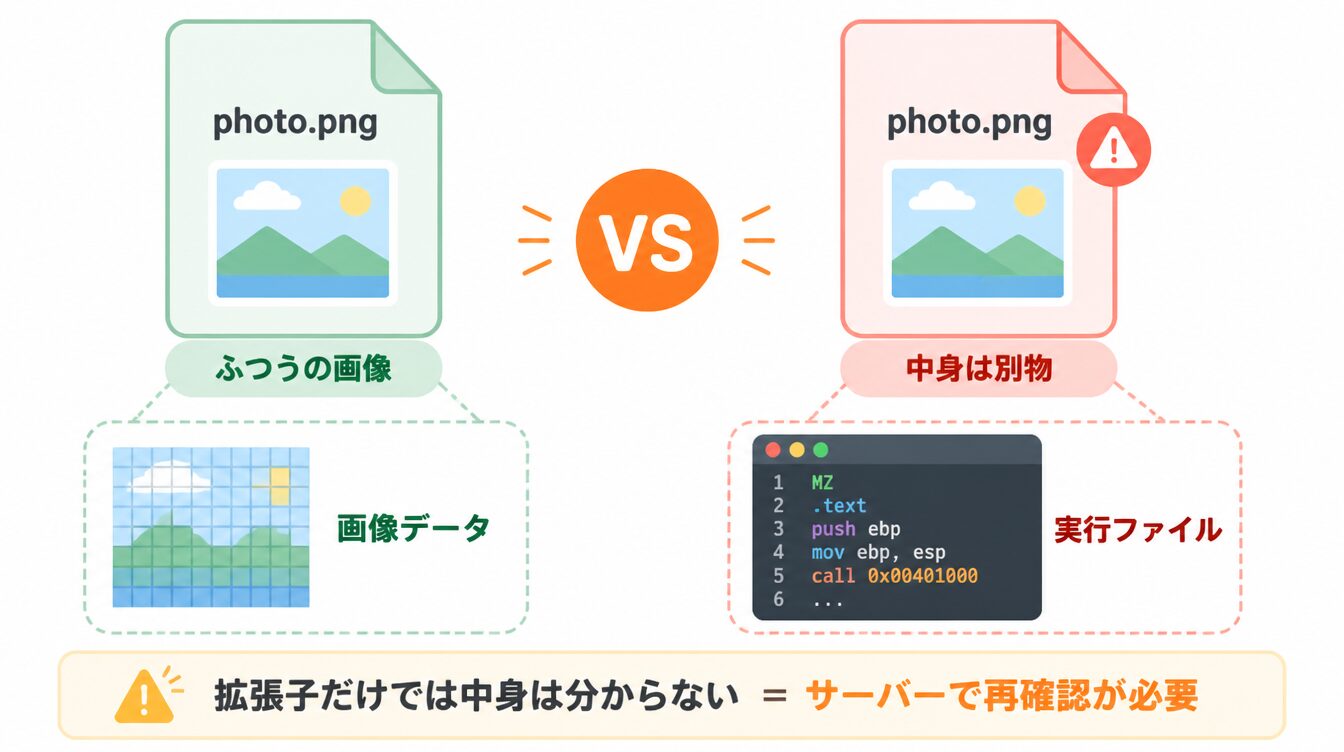 見た目は同じ「photo.png」だが、中身が画像データのファイルと実行ファイルのファイルを比較した図
