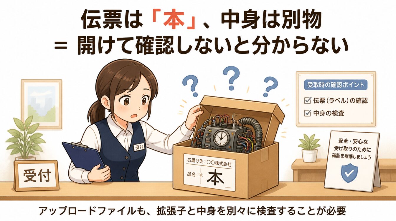 受付係が宅配の箱を開けて伝票と中身を照合している様子のたとえ図