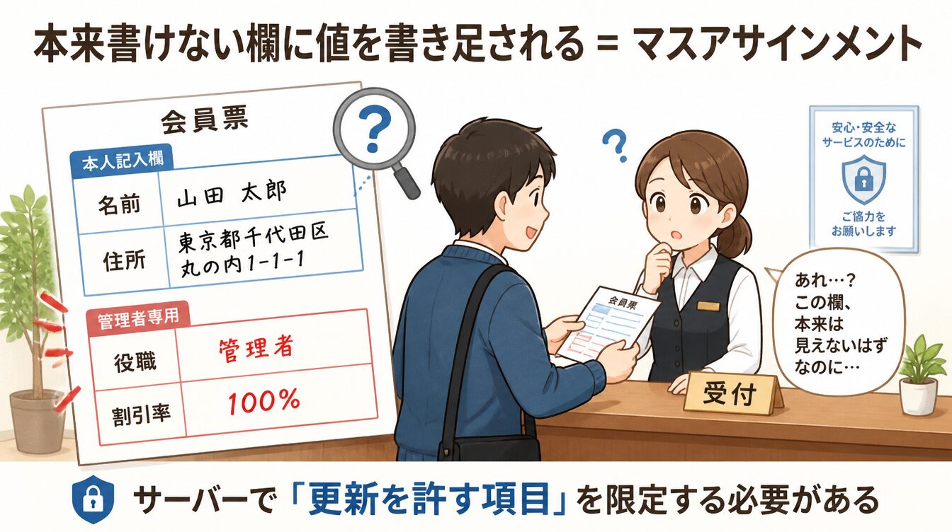 会員票の管理者専用欄に「役職」「割引率」が勝手に書き足されている様子のたとえ図