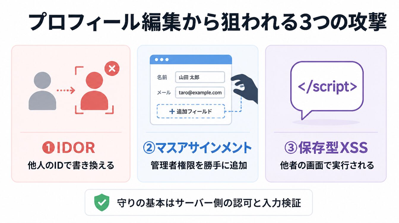 IDOR・マスアサインメント・保存型XSSの3攻撃パターンを示したカード型インフォグラフィック