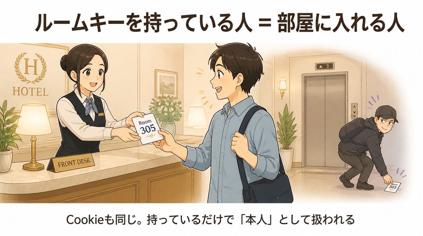 ホテルでルームキーを渡される利用者と、落ちたキーを拾う第三者のたとえ図