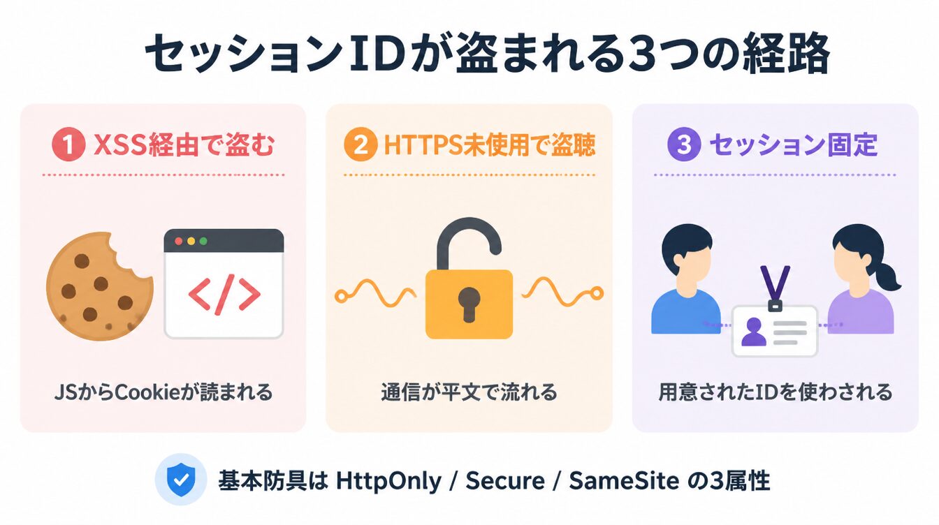 XSS経由・HTTPS未使用・セッション固定の3つの代表的なセッションID漏洩経路を示したインフォグラフィック