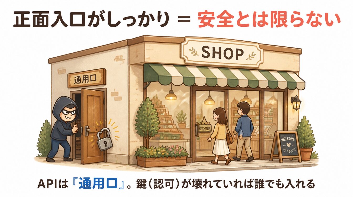 正面入口は立派だが、裏の通用口の鍵が壊れていて誰でも入れてしまう様子のたとえ図