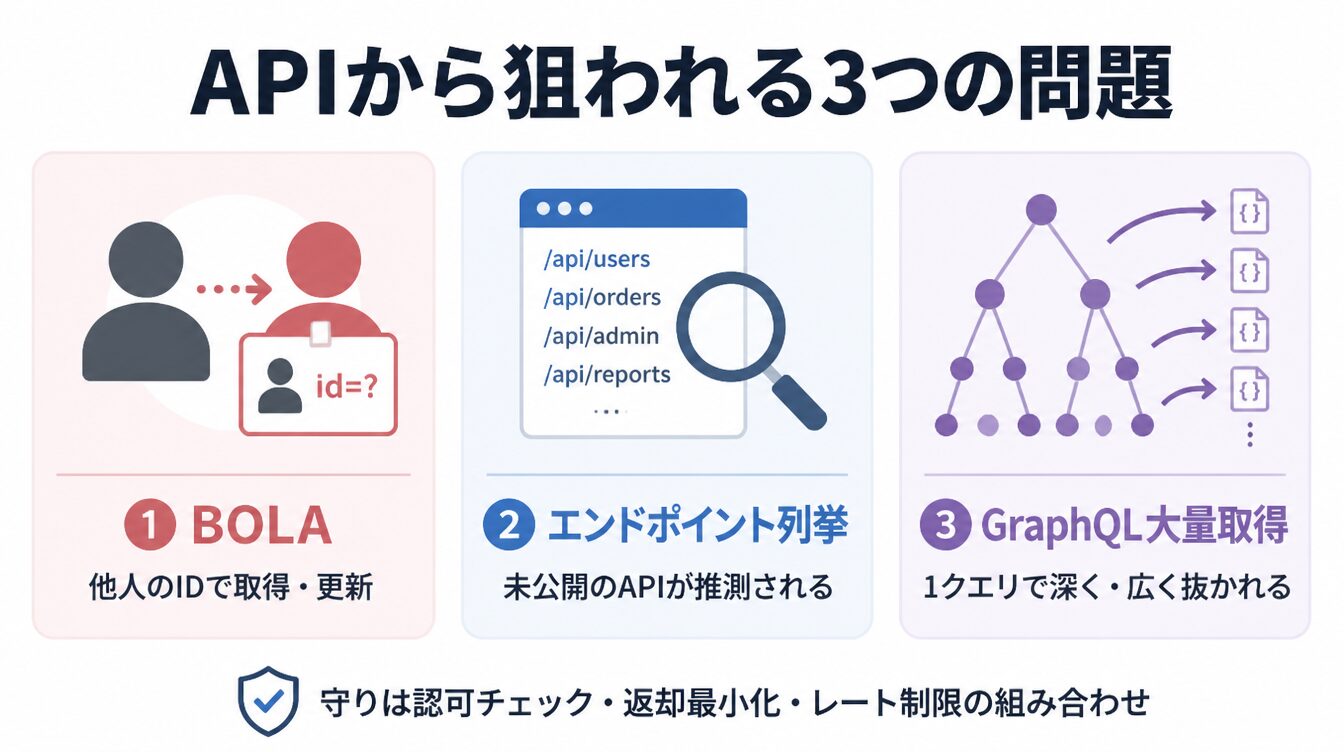 BOLA・エンドポイント列挙・GraphQL大量取得の3つのAPI攻撃面を示したカード型インフォグラフィック