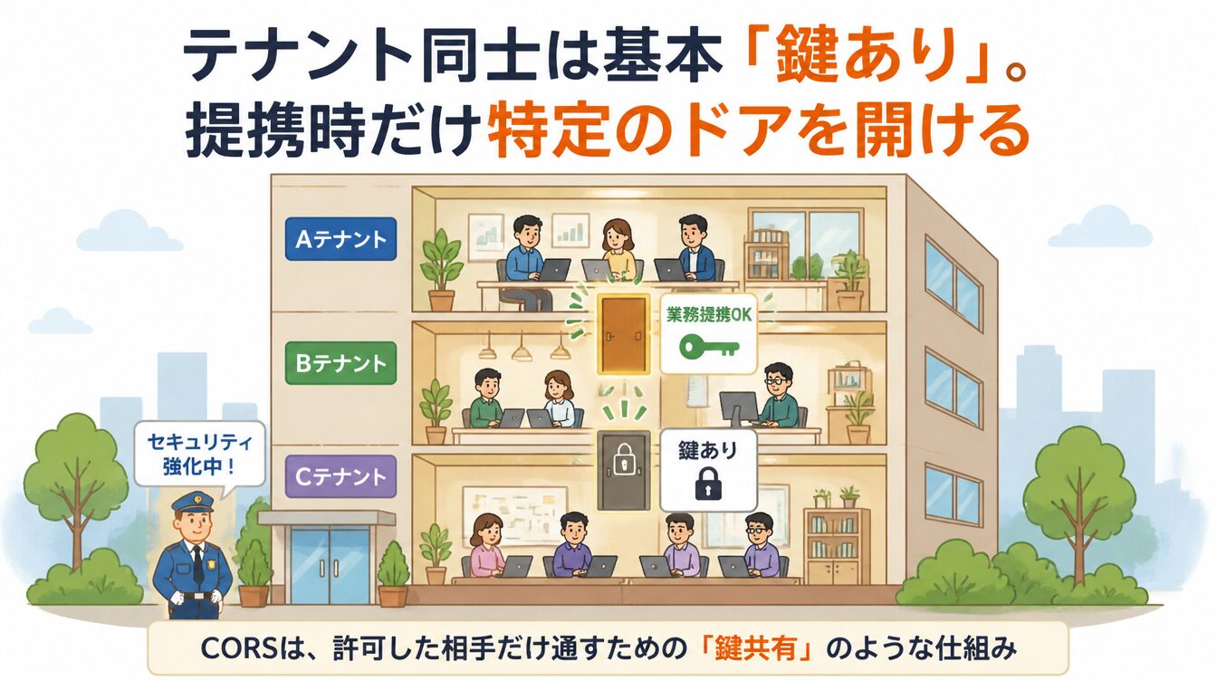 ビル内のテナント同士が業務提携のときだけ特定のドアの鍵を共有しているたとえ図