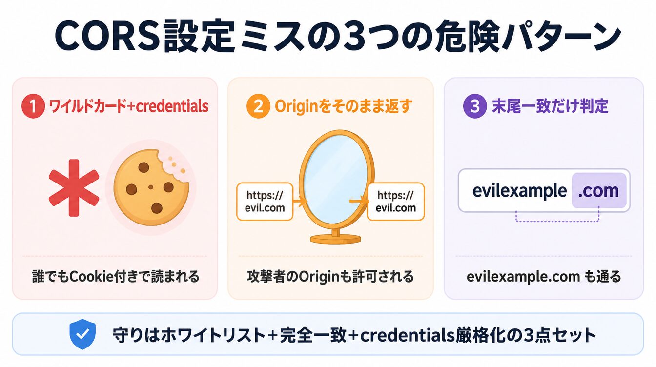 ワイルドカード+credentials、Originエコー、末尾一致判定の3つの危険なCORS設定ミスを示したインフォグラフィック