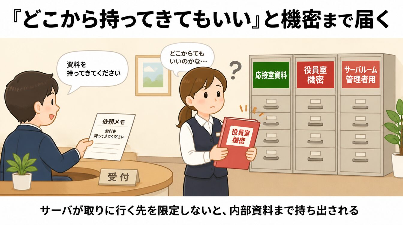 受付係に資料取りを頼むと、限定しなければ機密文書まで持ってきてしまうたとえ図