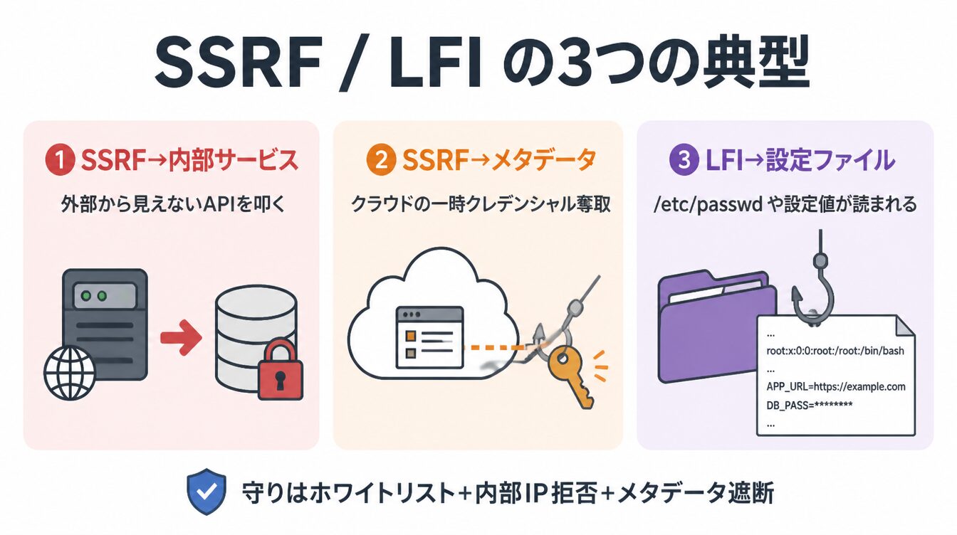 内部サービス・クラウドメタデータ・設定ファイルなど、SSRF/LFIが狙う3つの典型を示したカード型インフォグラフィック