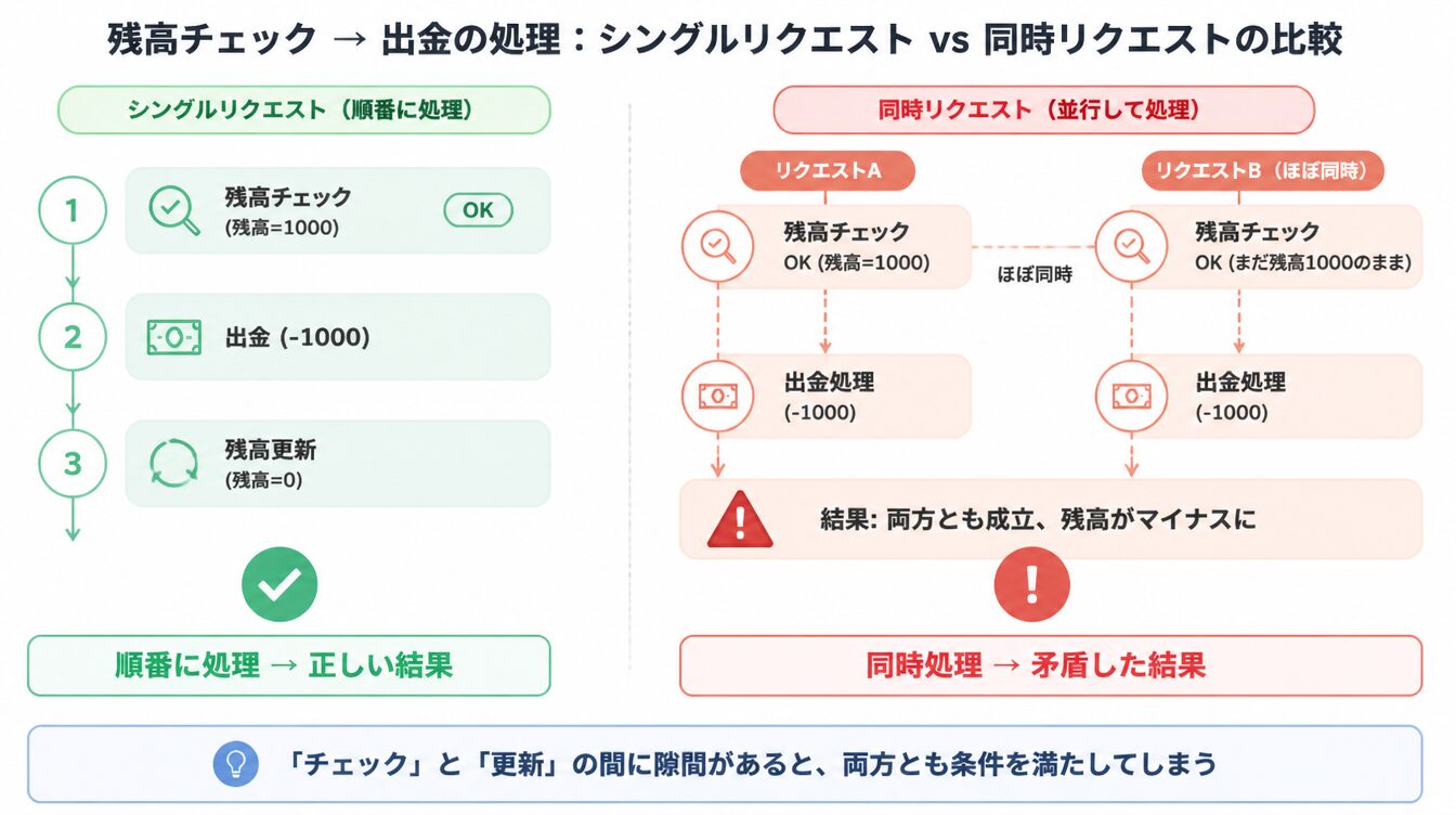 残高チェックと出金を順番に処理した場合と、同時2リクエストが入った場合の比較タイムライン図