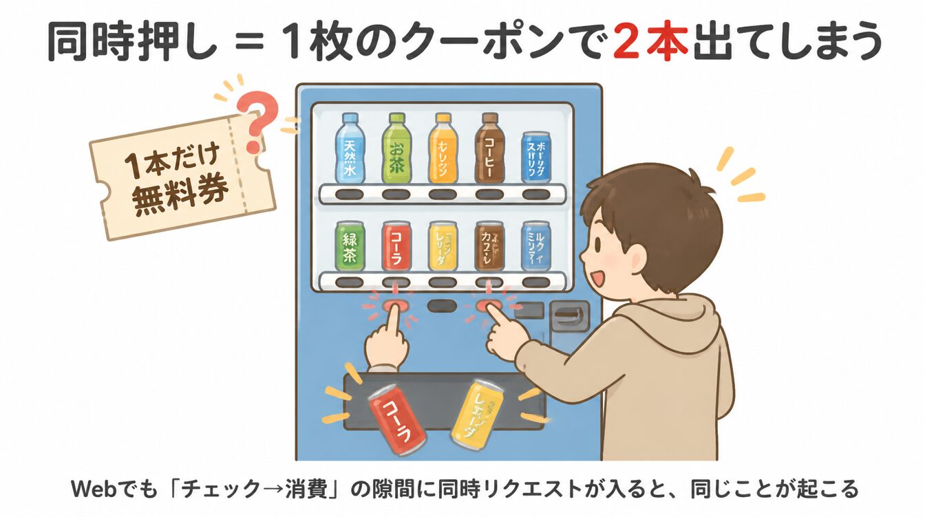 自動販売機で2つのボタンを同時押しすると、1枚のクーポンで2本の飲み物が出てしまうたとえ図