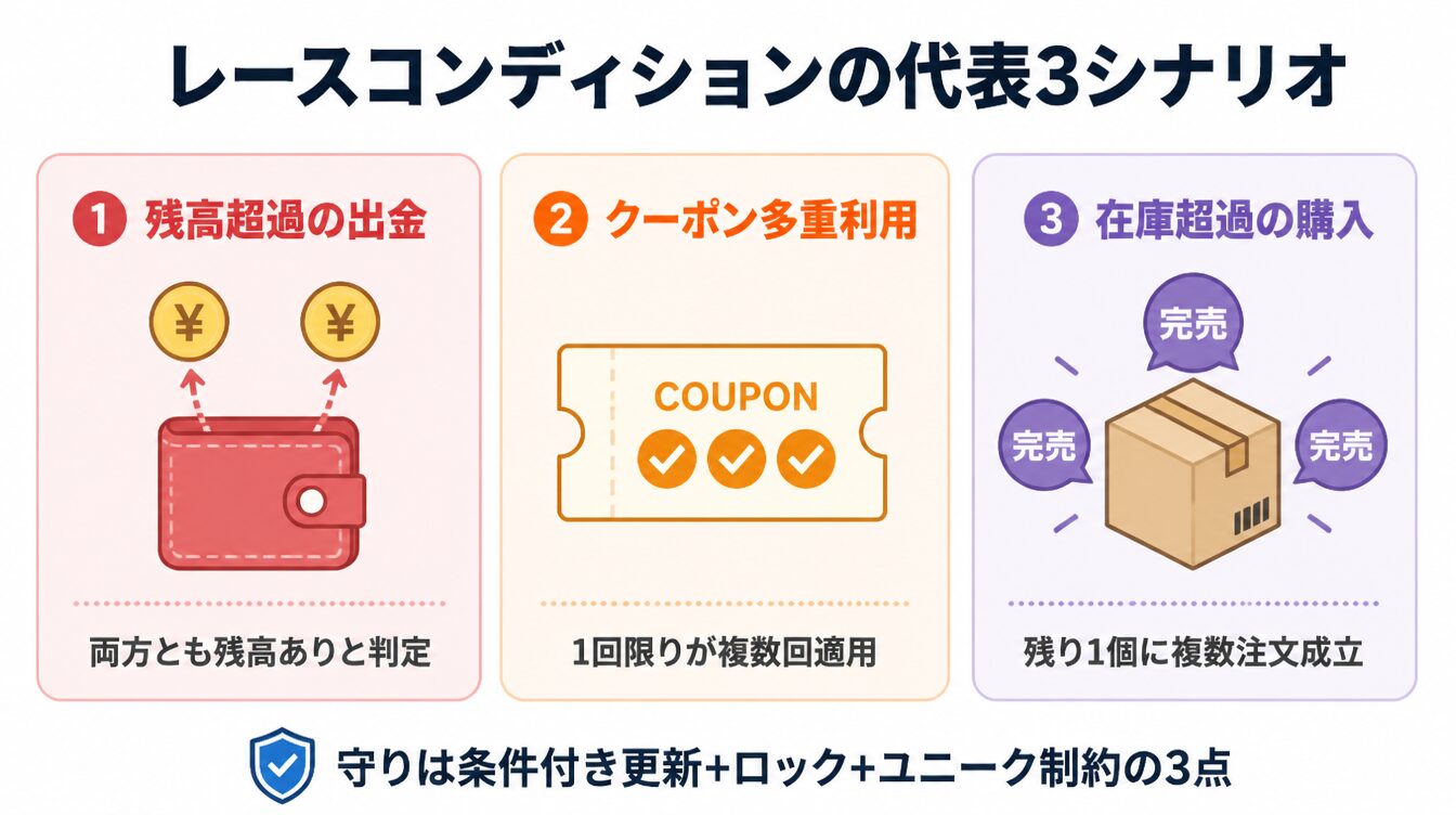 残高超過の出金・クーポン多重利用・在庫超過の購入の3シナリオを示したカード型インフォグラフィック