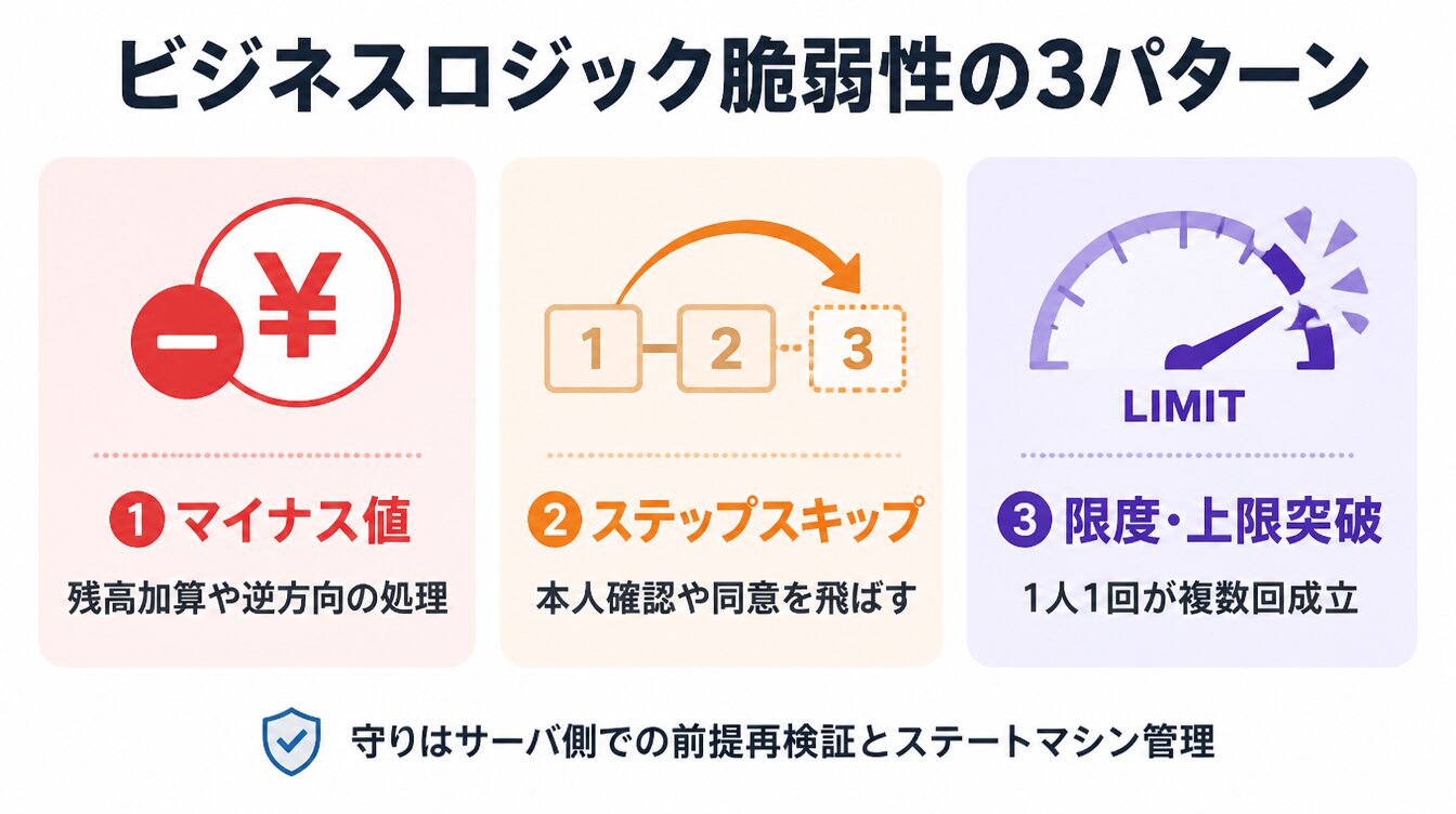 マイナス値・ステップスキップ・限度突破の3つのビジネスロジック脆弱性パターンを示したカード型インフォグラフィック
