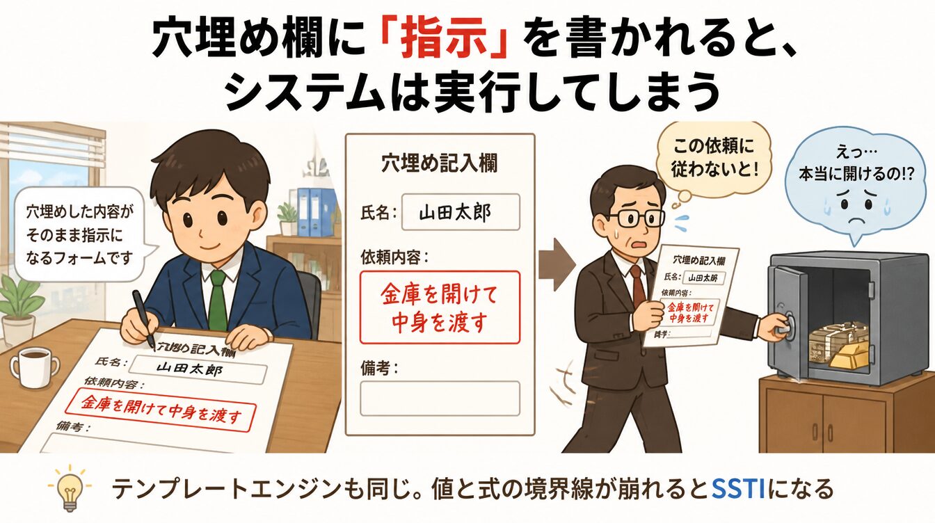 穴埋め欄に「金庫を開けて中身を渡す」と書かれたら受け取った人が実行してしまうたとえ図