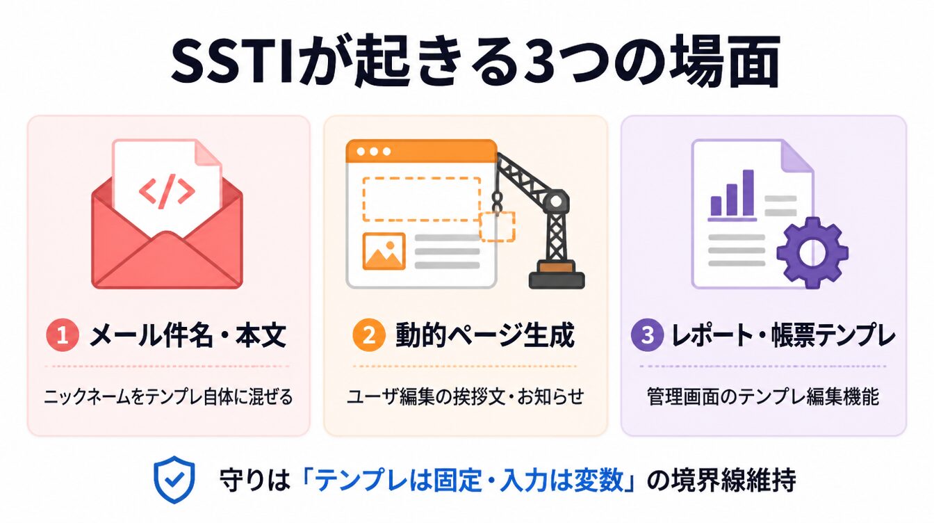 メール本文・動的ページ生成・レポート/帳票テンプレの3つのSSTI発生場面を示したカード型インフォグラフィック