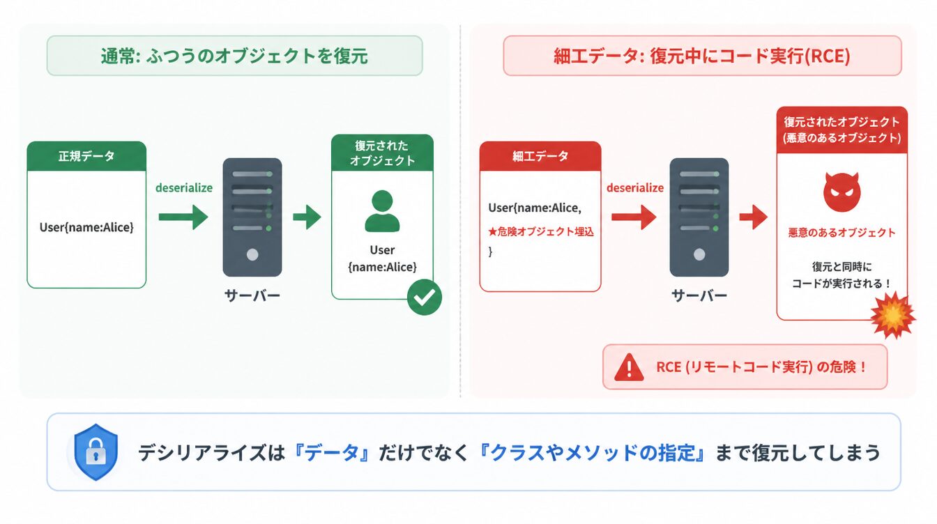 通常データのデシリアライズと、細工データを渡したときに復元中にRCEが発生する流れを比較した図