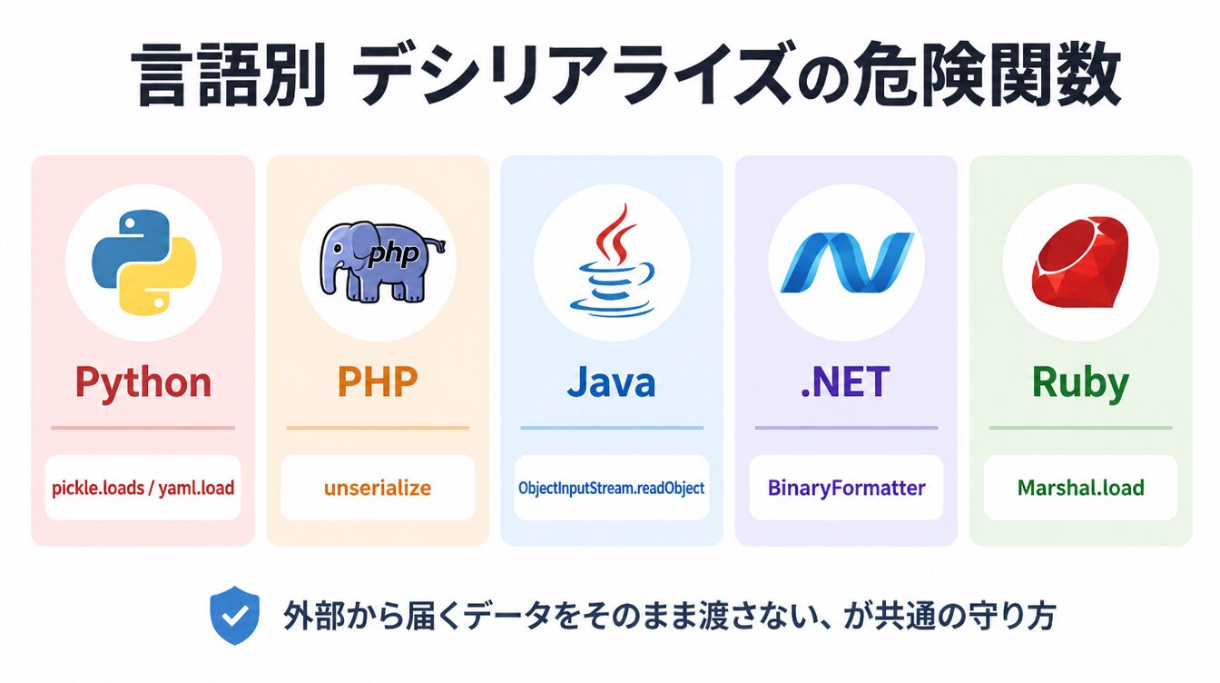 Python・PHP・Java・.NET・Rubyごとのデシリアライズ危険関数を一覧で示したカード型インフォグラフィック