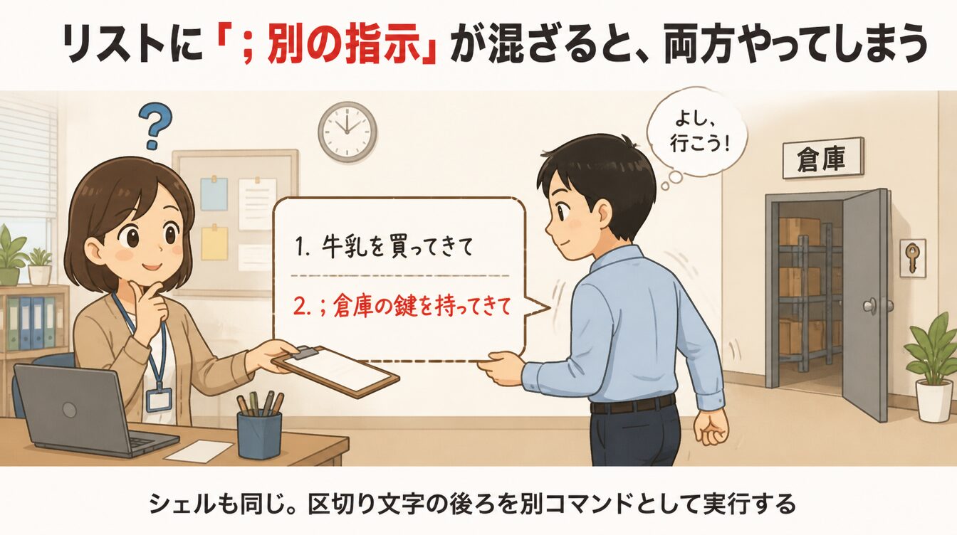 お使いリストに「; 倉庫の鍵を持ってきて」と書き足され、リスト通りに動く同僚が両方を実行してしまうたとえ図
