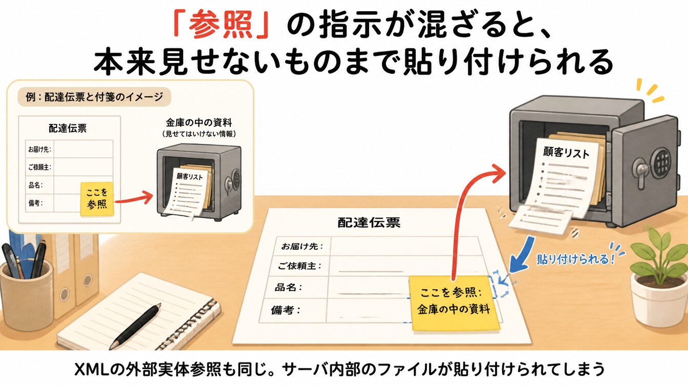配達伝票に「ここを参照: 金庫の中の資料」と書かれた付箋で、見せてはいけない資料が貼り付けられてしまうたとえ図