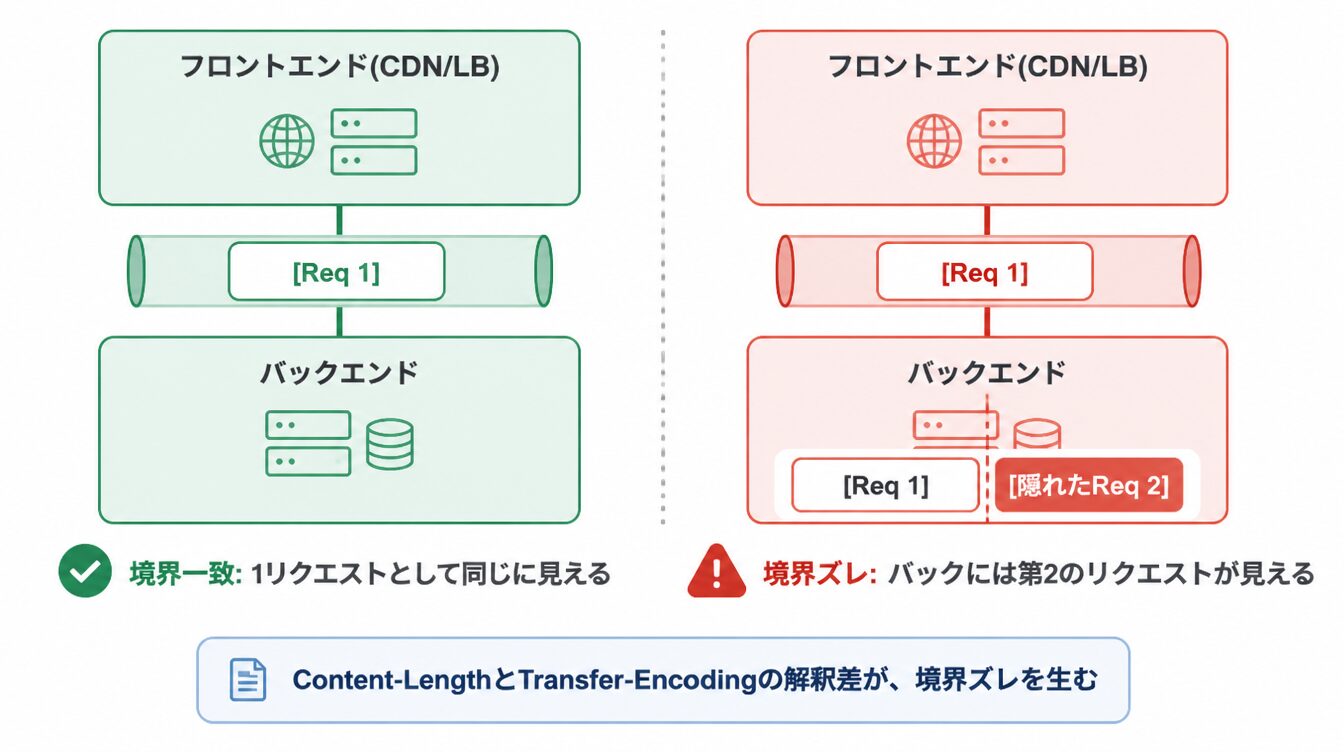 フロントとバックが同じ境界で1リクエストとして見るケースと、境界がズレてバック側に第2のリクエストが見えるケースの比較図
