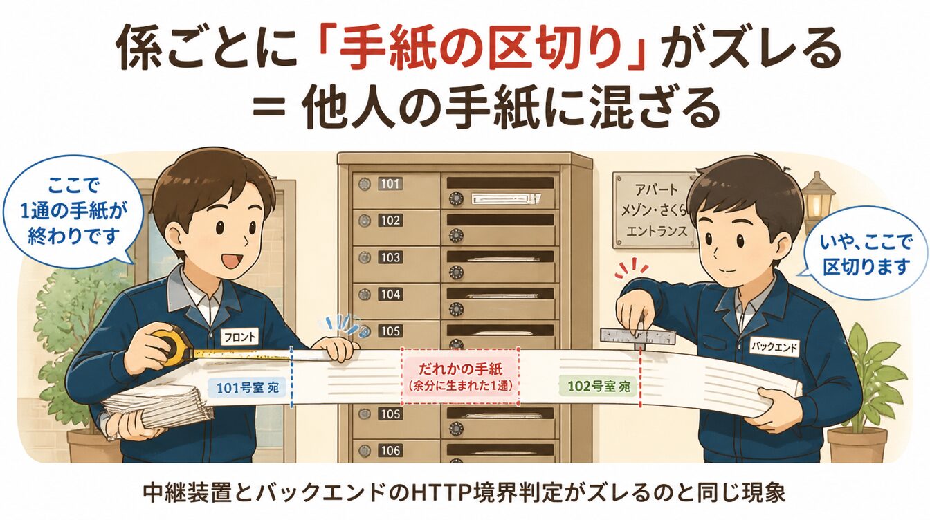 マンションの共同郵便受けで2人の係員が手紙の区切りを違う位置に判断し、他人の手紙に文章が混ざってしまうたとえ図