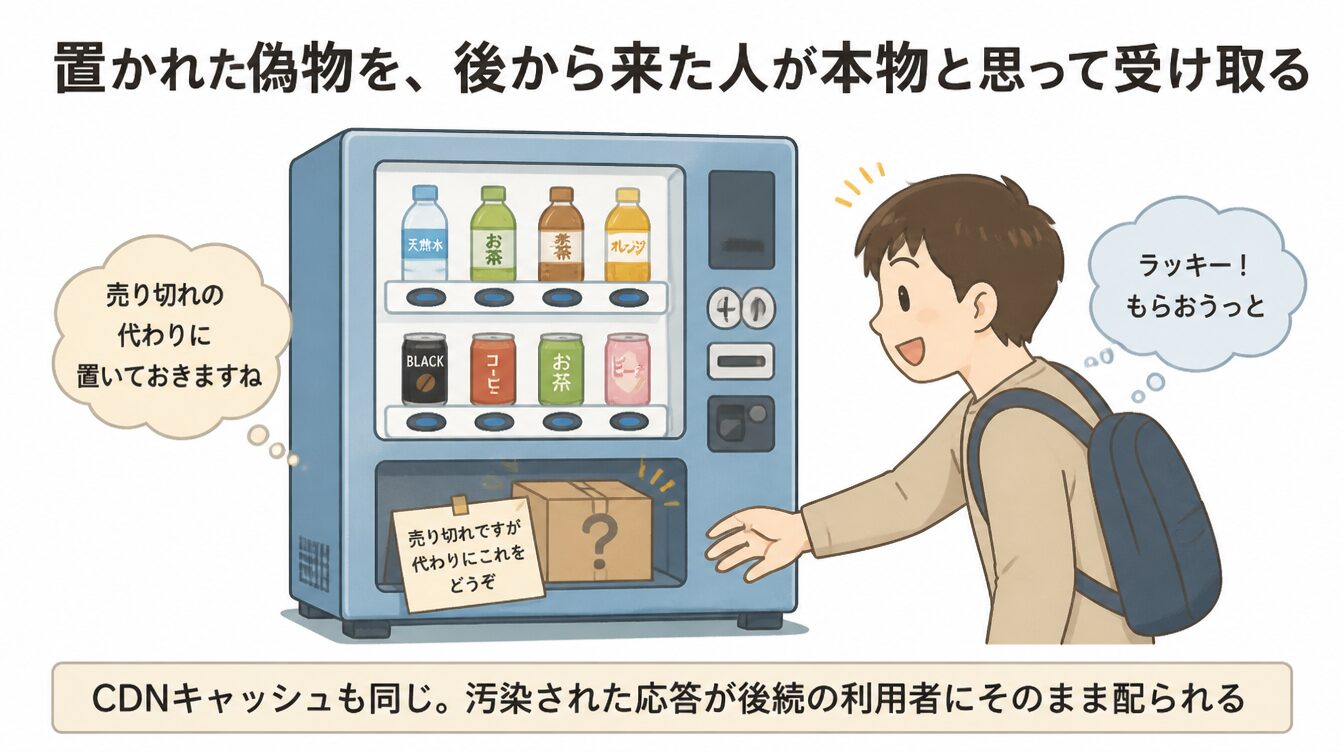 自販機の取り出し口に偽物の商品が置かれ、後から来た利用者がそれを本物と思って受け取ってしまうたとえ図