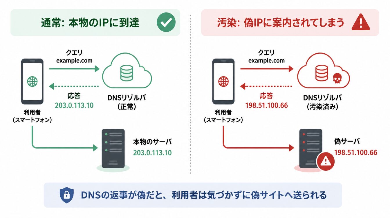 DNSリゾルバが本物のIPを返す場合と、汚染で偽IPを返して利用者を偽サーバに誘導する場合の比較図