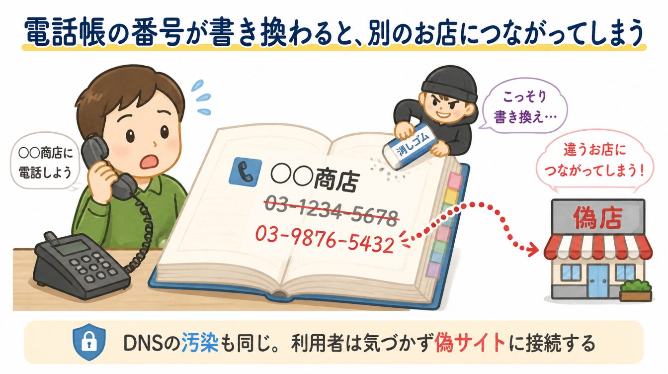 紙の電話帳の電話番号が書き換えられ、利用者が別のお店につながってしまう様子のたとえ図