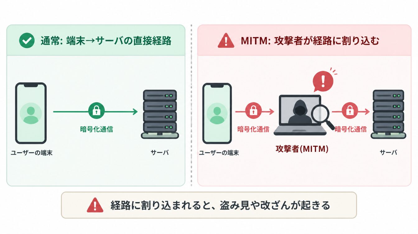 端末からサーバへ直接届く通常経路と、攻撃者が経路に割り込むMITM経路を比較した図