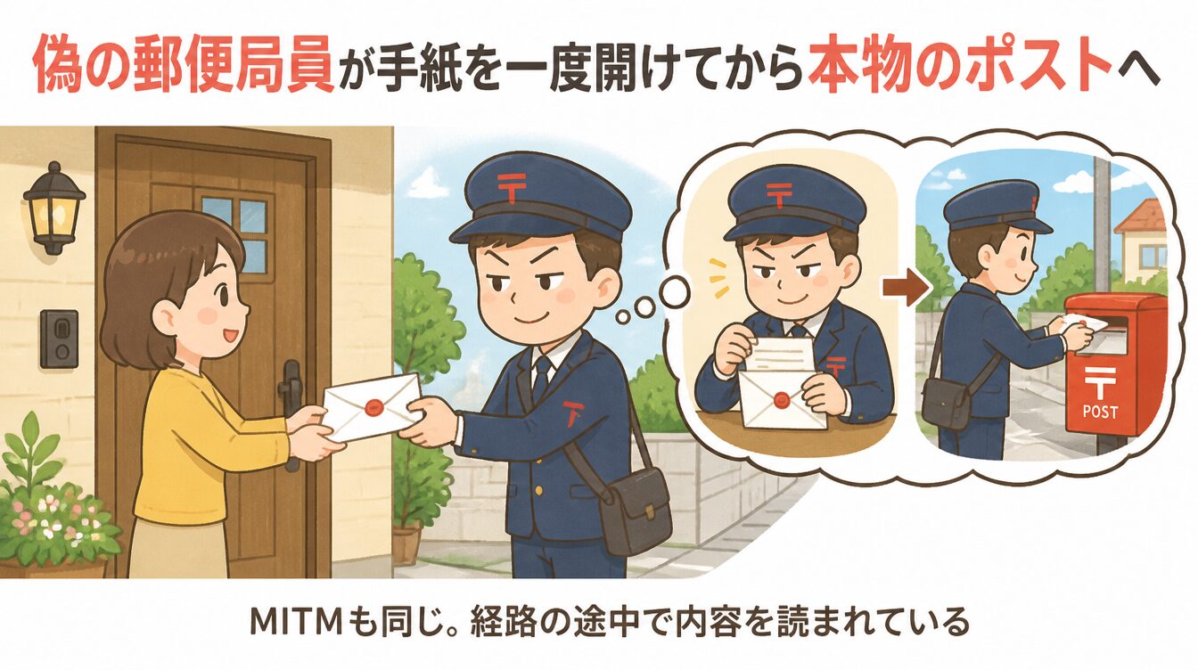 偽の郵便局員が手紙を一度開けてから本物のポストに投函するたとえ図