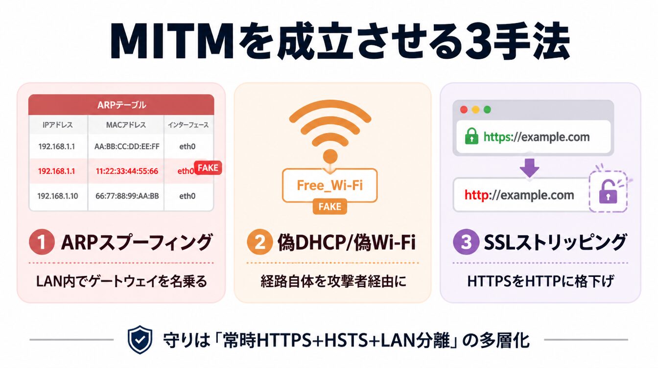 ARPスプーフィング・偽DHCP/Wi-Fi・SSLストリッピングの3つのMITM手法を示したカード型インフォグラフィック