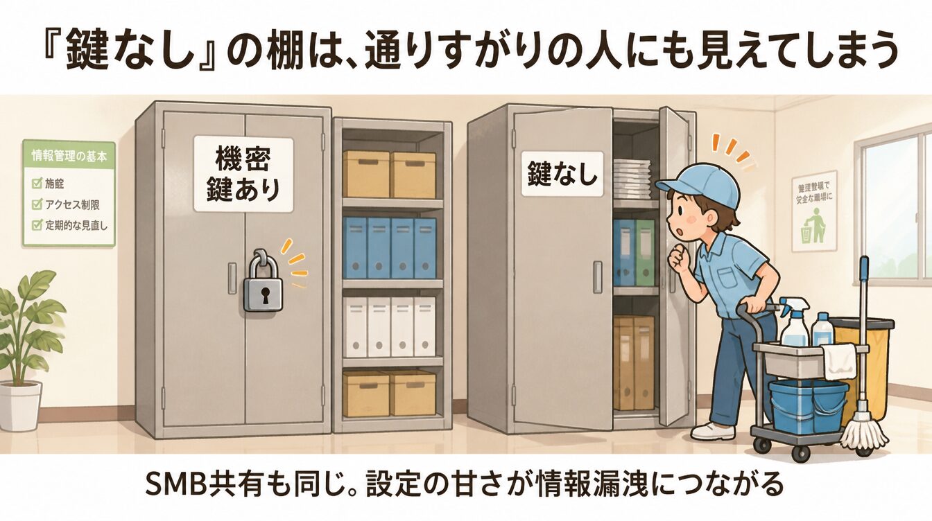 オフィスの書類棚で鍵ありと鍵なしが並んでおり、鍵なしの棚は通りすがりにも見られてしまう様子のたとえ図
