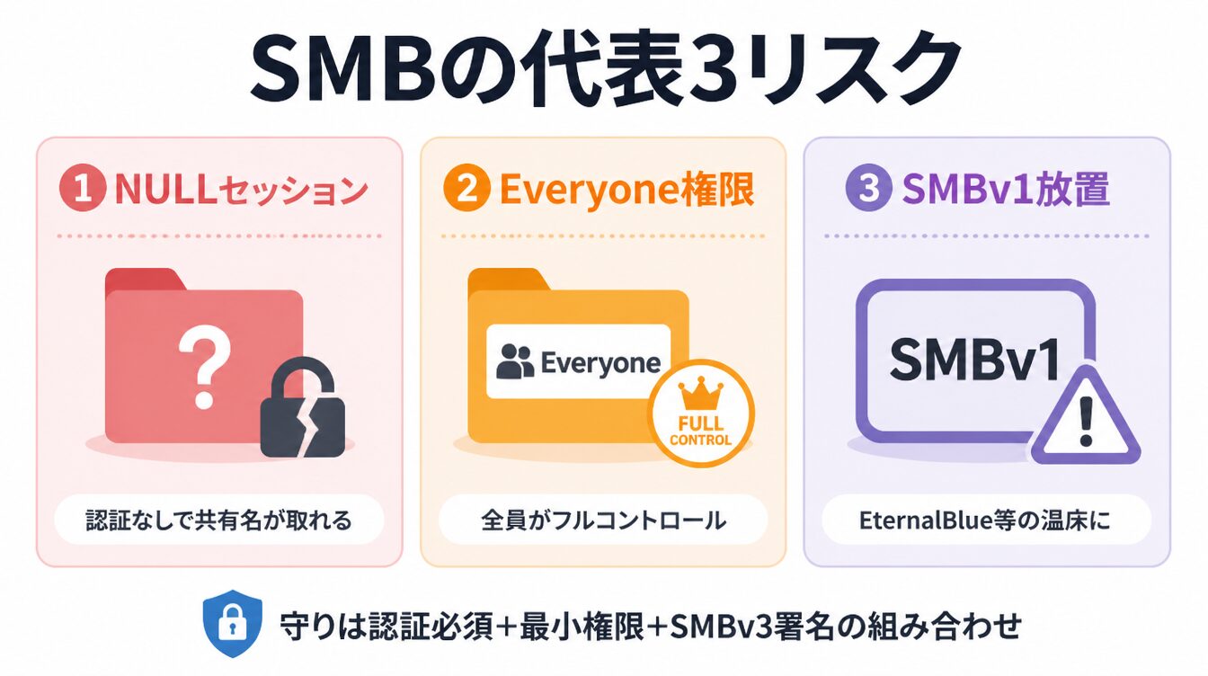NULLセッション許可・Everyone権限・SMBv1放置の3つのSMBリスクを示したカード型インフォグラフィック