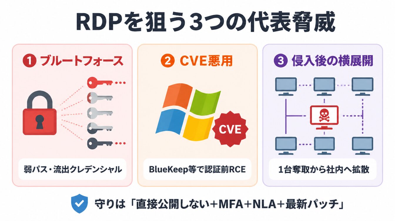 ブルートフォース・CVE悪用・侵入後の横展開というRDPの代表的な脅威を示したカード型インフォグラフィック
