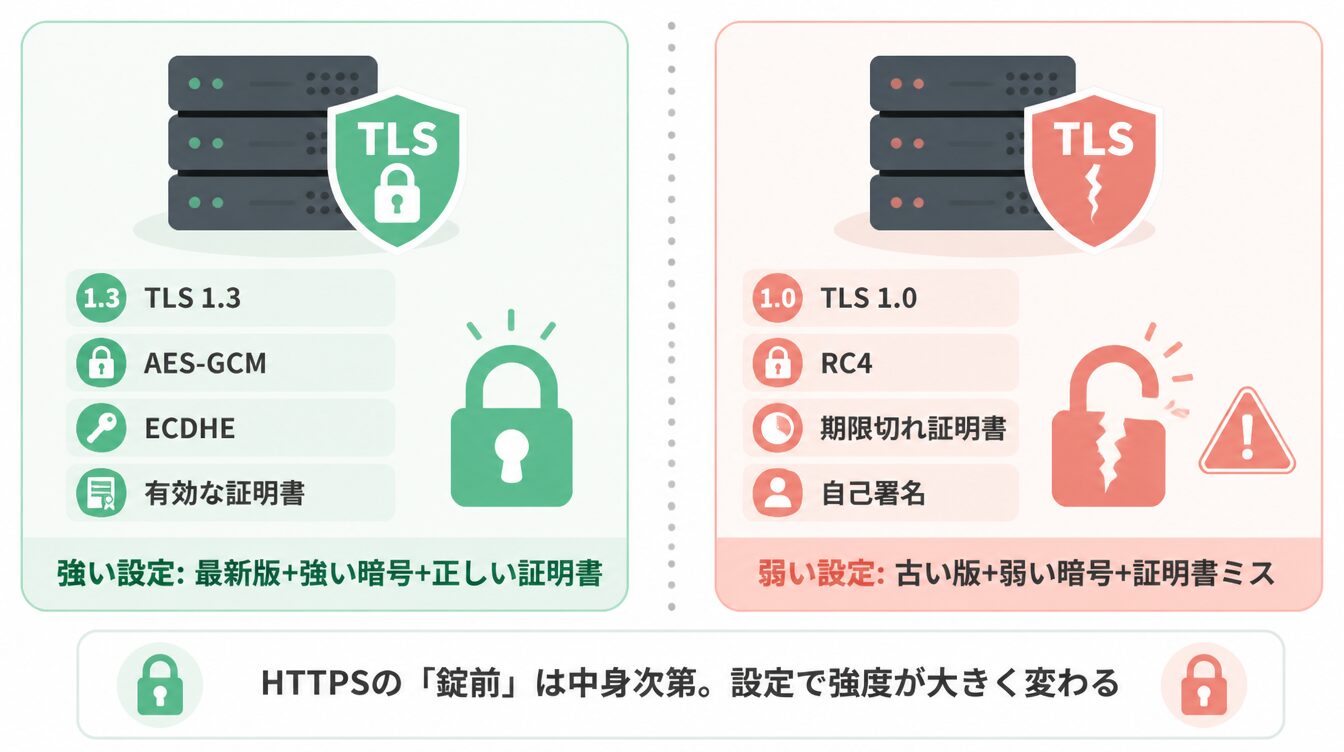 正しいTLS設定と設定不備の比較