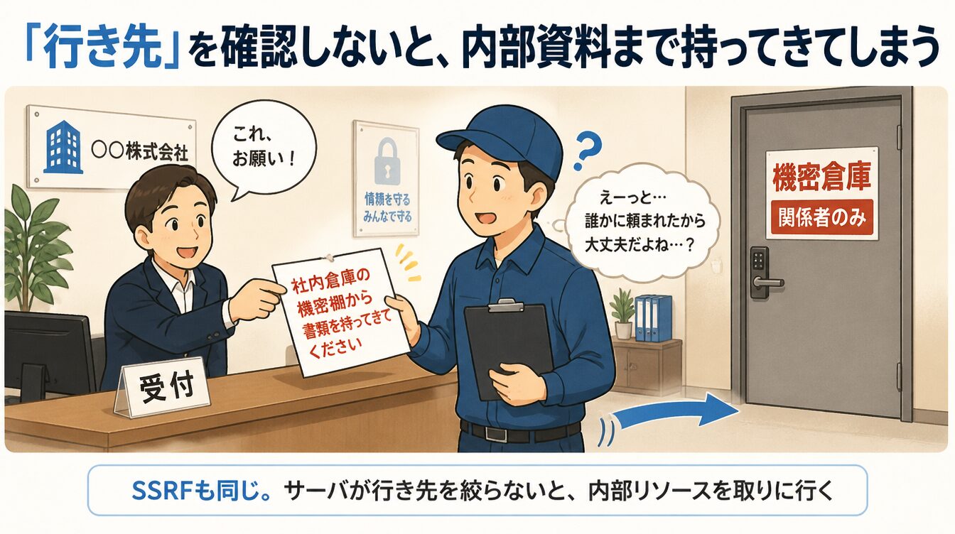 配送員が偽伝票で社内機密倉庫から書類を取ってこさせられるたとえ図