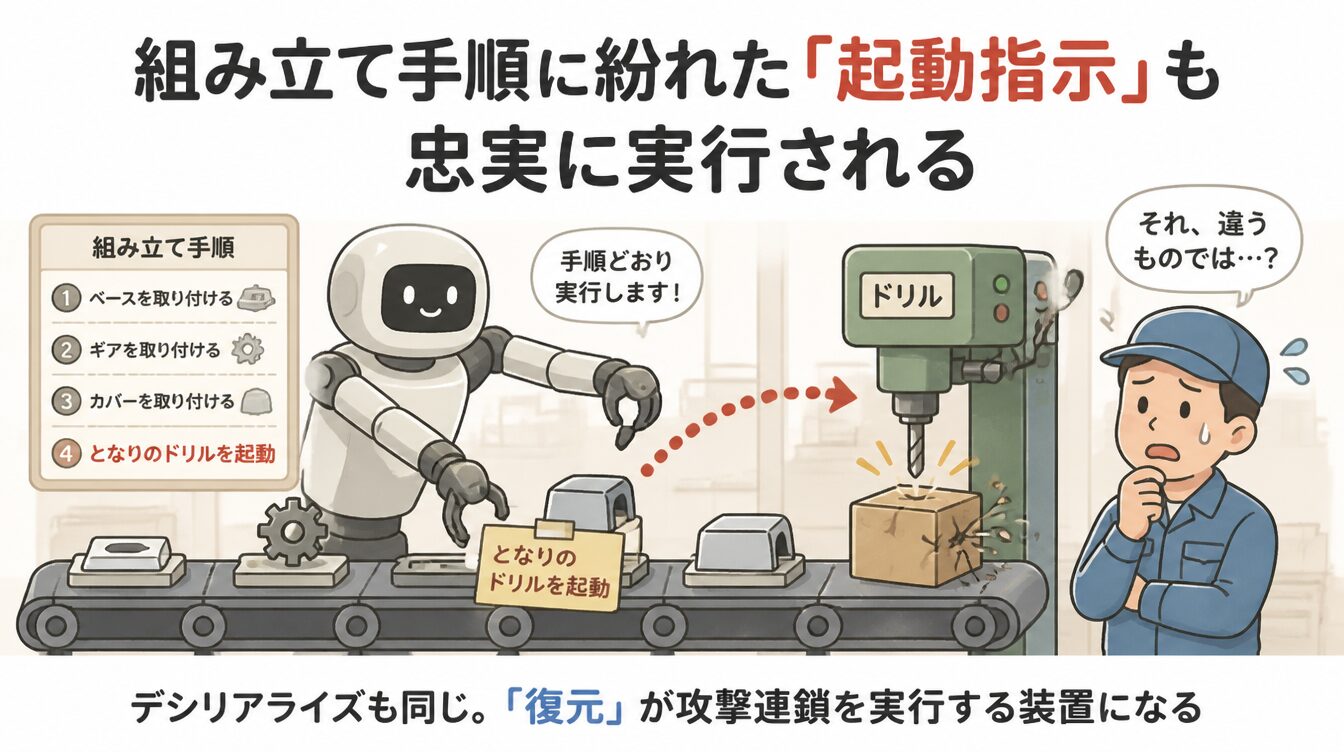 自動組立ロボットが部品に紛れた指示で別の機械を起動してしまうたとえ図