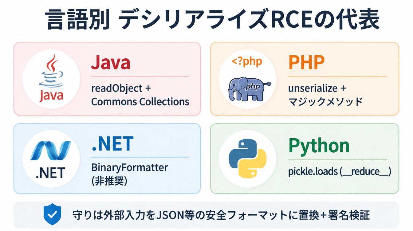 Java(readObject+Commons)・PHP(unserialize+マジックメソッド)・.NET(BinaryFormatter)・Python(pickle)の代表事例を示したカード型インフォグラフィック