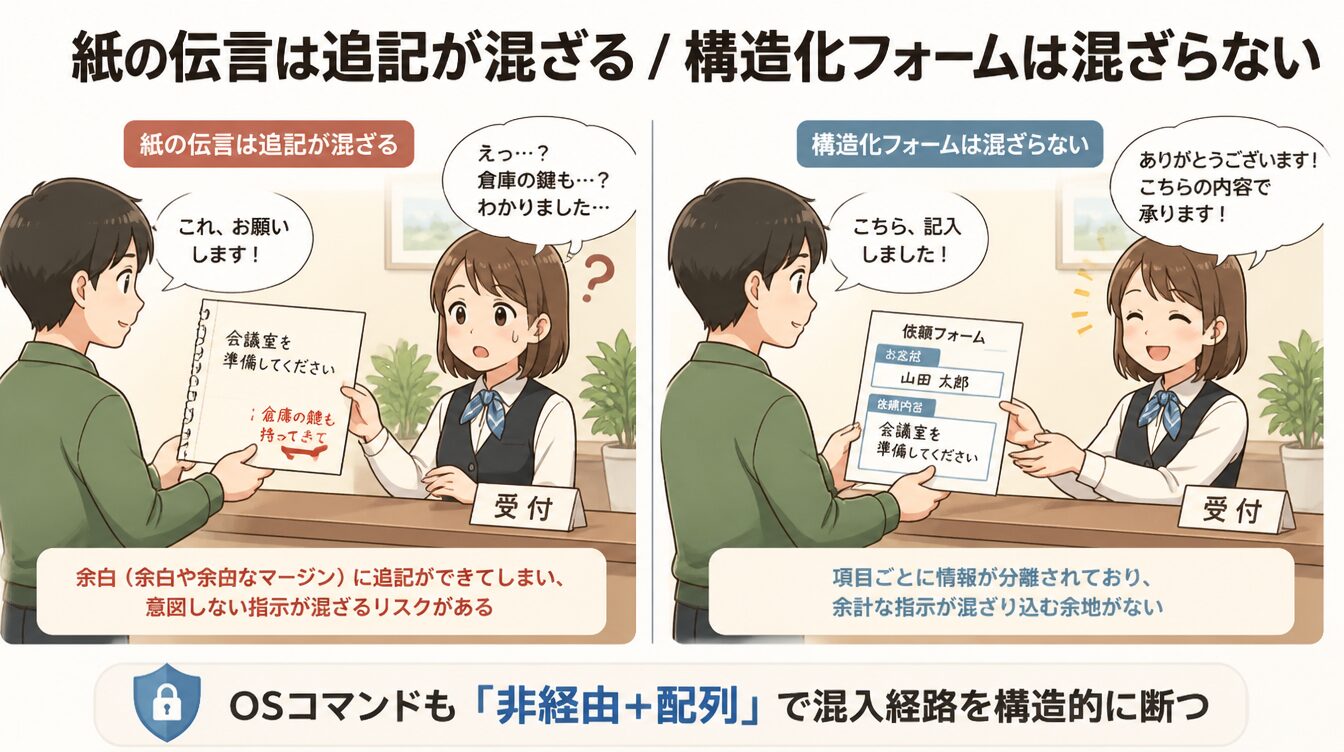 紙の伝言には追記が混ざるが、構造化フォームは混ざらないというたとえ図