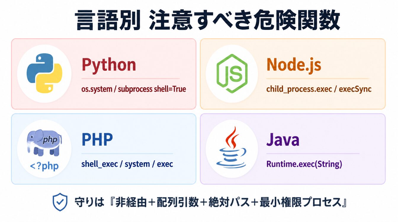 Python(os.system / subprocess shell=True)・Node.js(child_process.exec)・PHP(shell_exec)・Java(Runtime.exec文字列形式)の危険関数を示したカード型インフォグラフィック