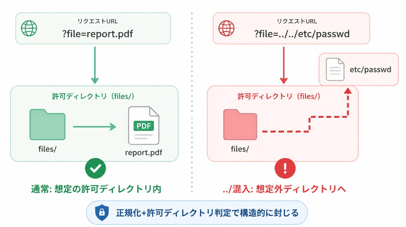 通常はfiles/配下のreport.pdfにアクセスするが、../../etc/passwdが混ざると想定外ディレクトリに到達する比較図