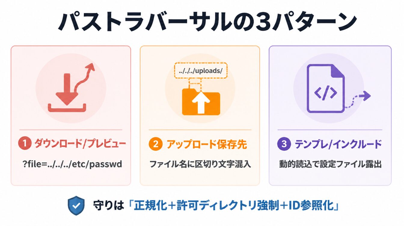 ダウンロード/プレビュー・アップロード保存先・テンプレ/インクルードの3つのパストラバーサルパターンを示したカード型インフォグラフィック