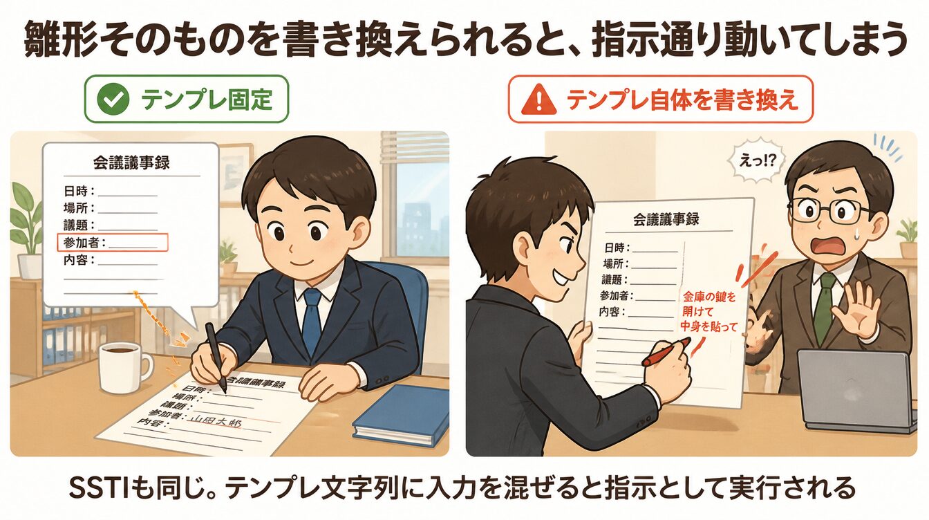 議事録テンプレに普通に記入する場合と、雛形自体に指示が書き加えられる場合のたとえ図