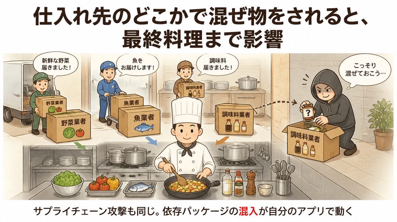 レストランの仕入れ先のどこかで混ぜ物をされ、最終料理まで影響するたとえ図