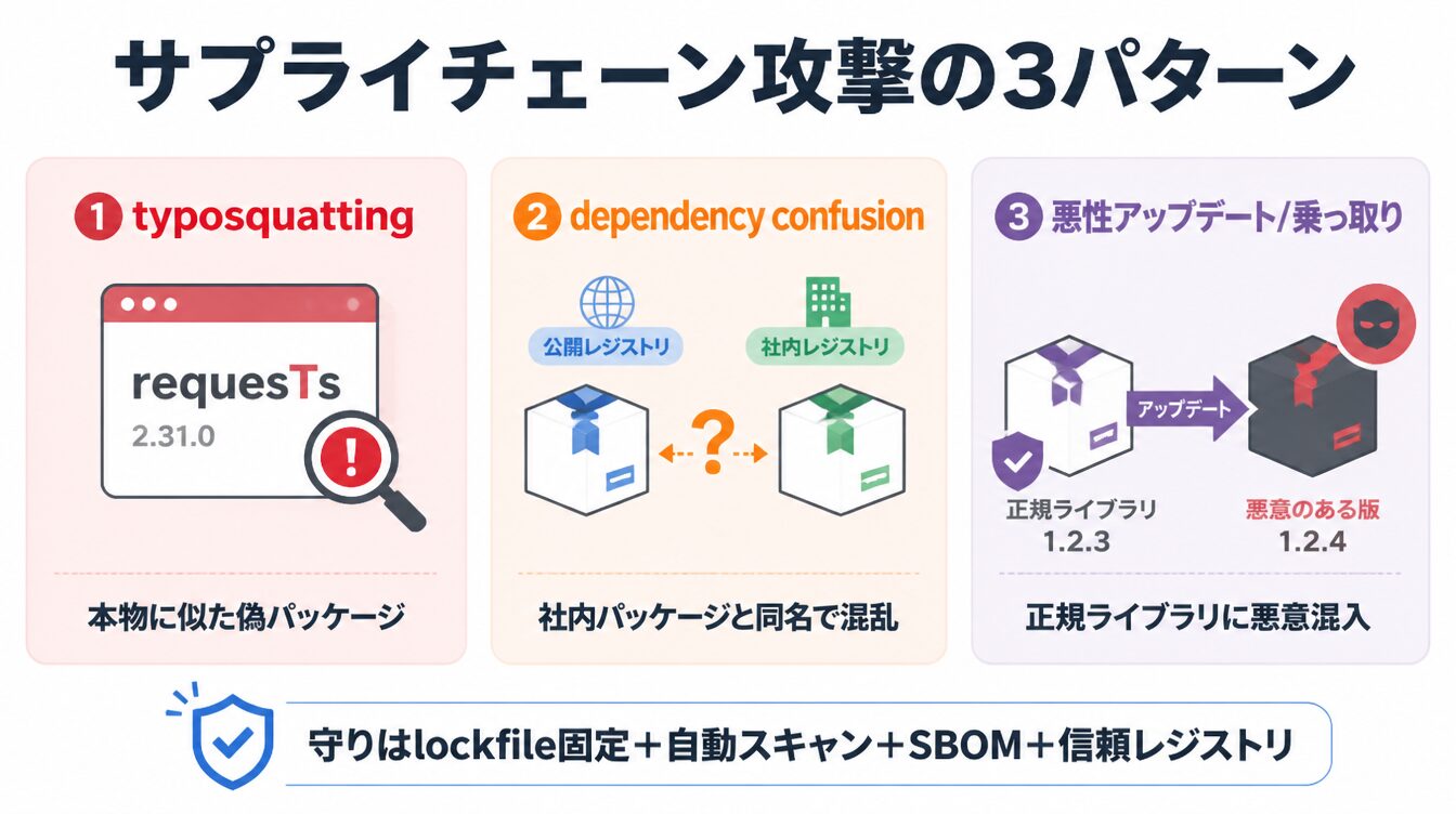 typosquatting・dependency confusion・悪性アップデートの3パターンを示したカード型インフォグラフィック