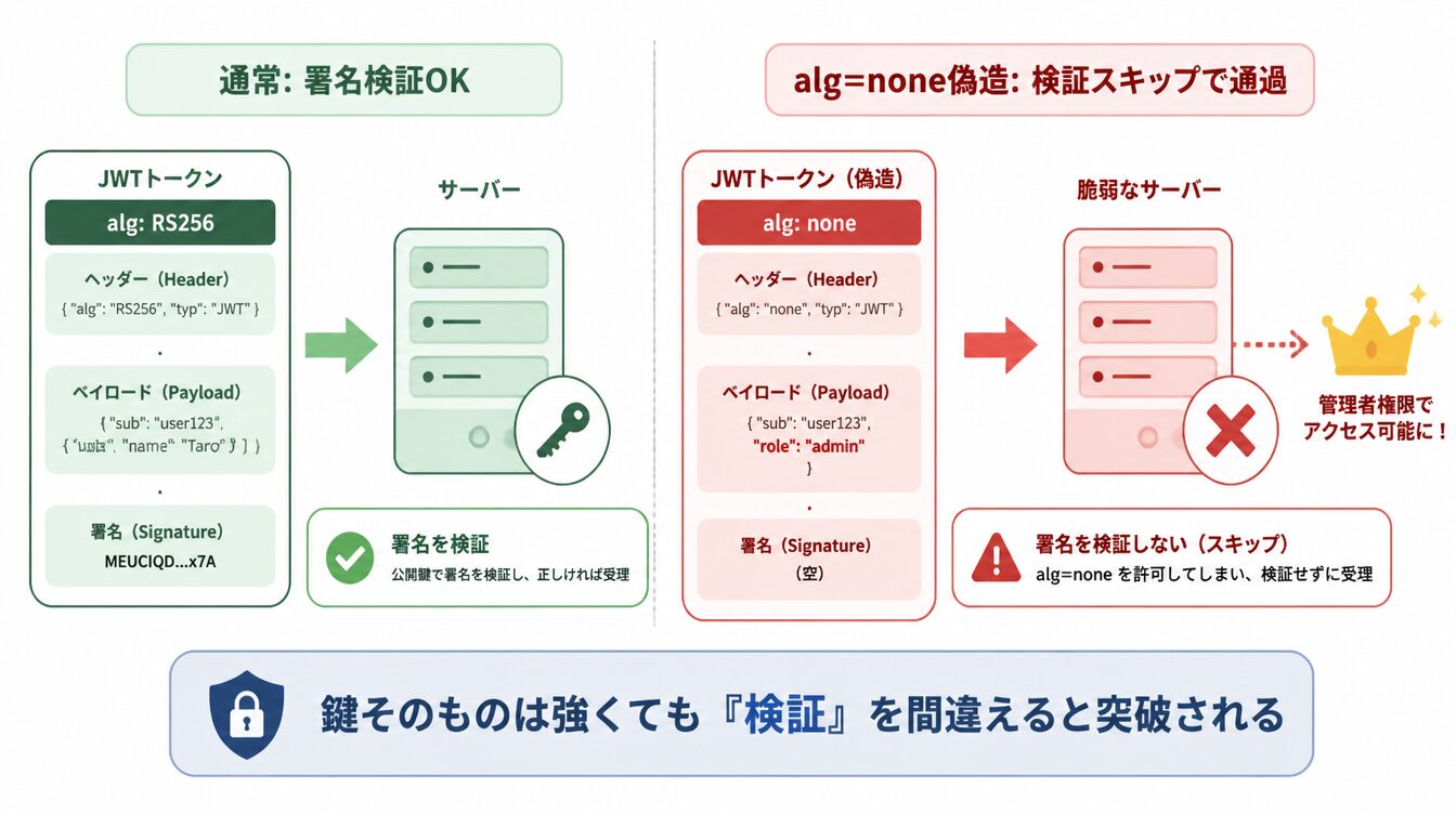 正常なJWT検証と、alg=noneで署名検証をスキップされて通過するJWT偽造の比較図