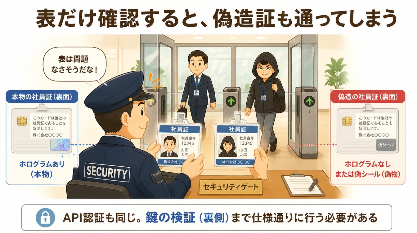 警備員が表だけ見て偽造の入館証を通してしまうたとえ図