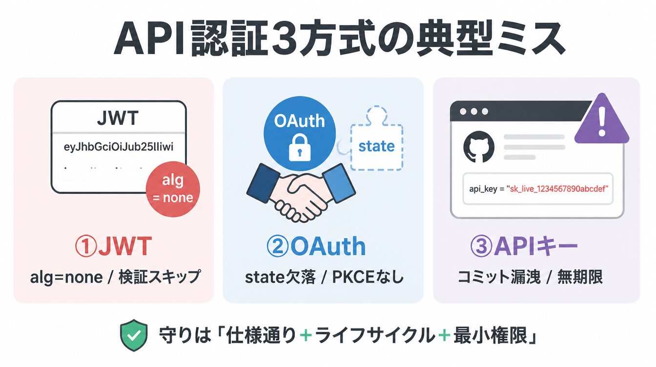 JWT(alg=none/検証スキップ)・OAuth(state欠落/PKCEなし)・APIキー(コミット漏洩/無期限)の典型ミスを示したカード型インフォグラフィック