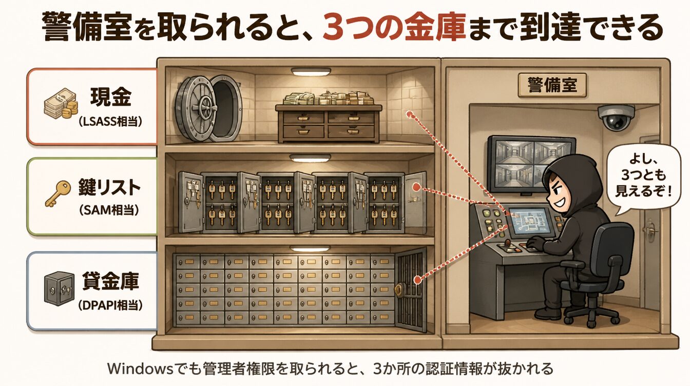 現金・鍵リスト・貸金庫の3つの金庫が警備室から到達できる銀行構造のたとえ図