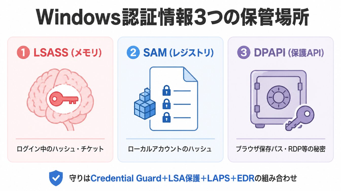 LSASS・SAM・DPAPIの3つの認証情報保管場所を示したカード型インフォグラフィック
